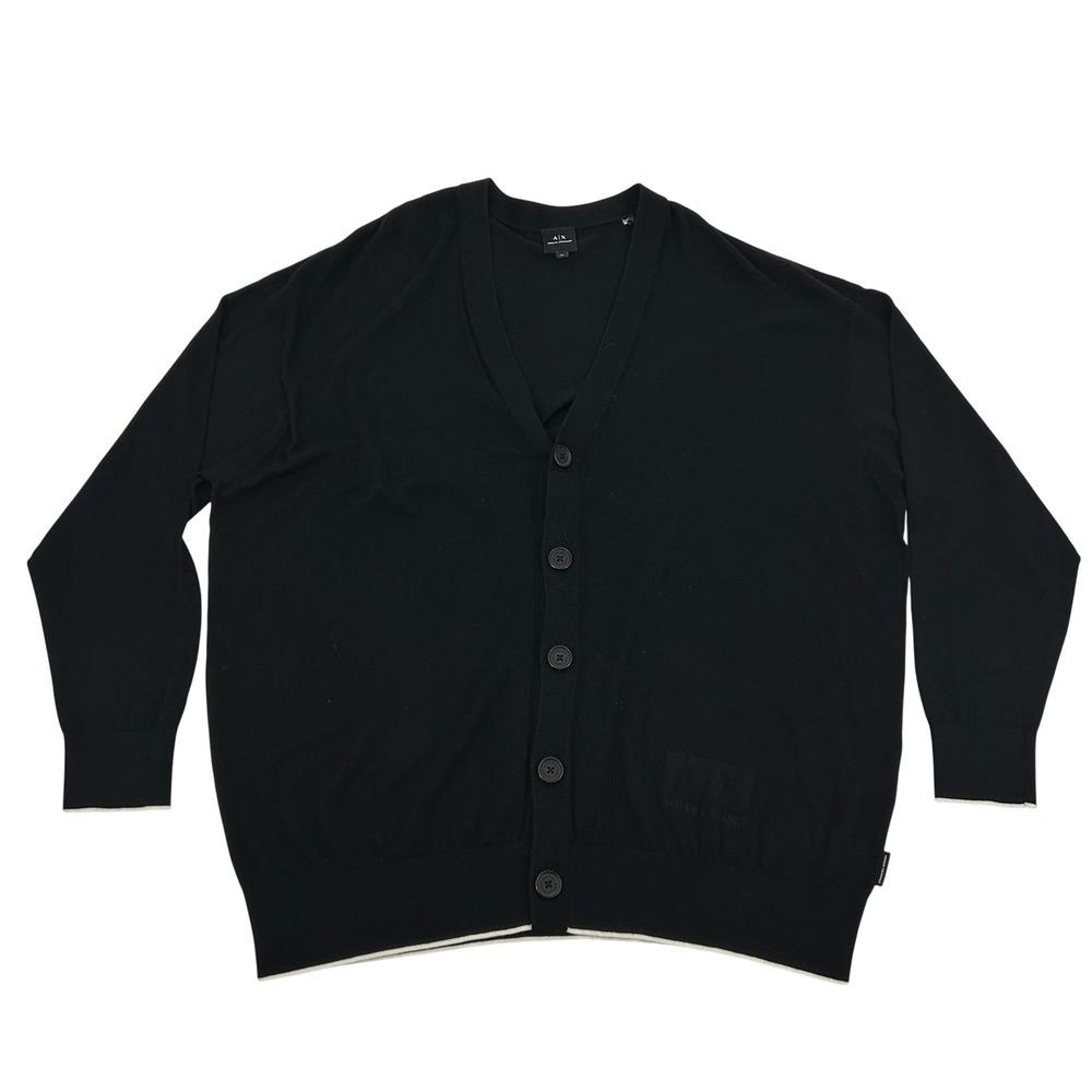 Armani Exchange Cardigan Sweater Men XL Black Silk Blend Contrast Trim NEW